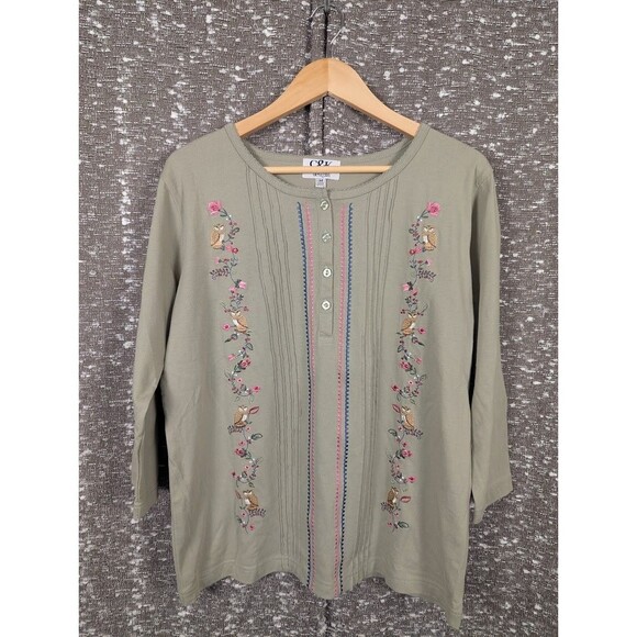 C&K Designs Embroidered Owls Pintuck Green Top Cottagecore Popover Style Sz M - Picture 1 of 8
